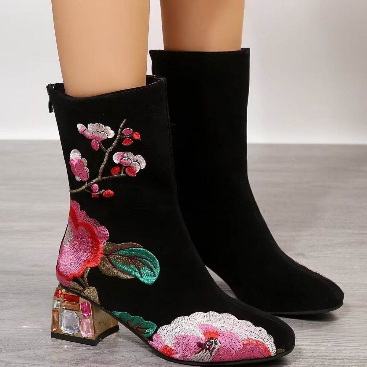 Flower Mid-calf Vintage Embroidery Autumn And Winter Women's Boots - Mubimart