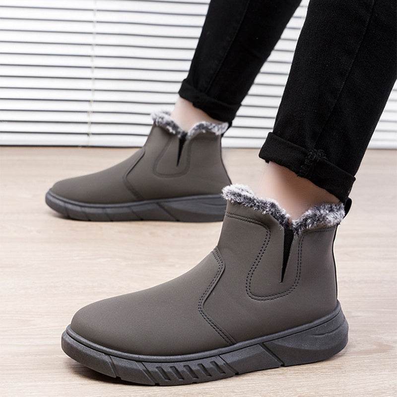Winter Snow Boots Men V Cutout Shoes With Plush Ankle Boots - Mubimart