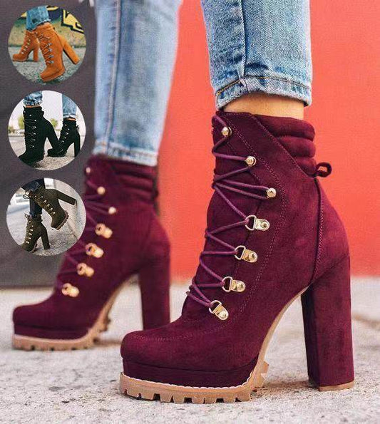 Heeled Boots For Women Round Toe Lace UP High Heels Boots Mid Calf Shoes - Mubimart