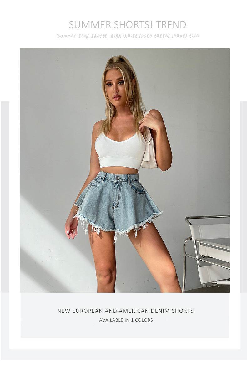 High Waist Loose-fitting Tassel Denim Shorts For Women - Mubimart