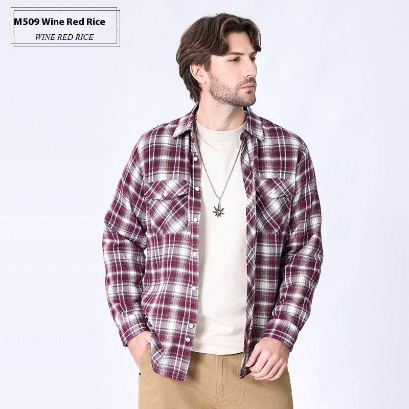 Vintage Flannel Men's Long Sleeve Brushed Plaid Shirt Coat - Mubimart