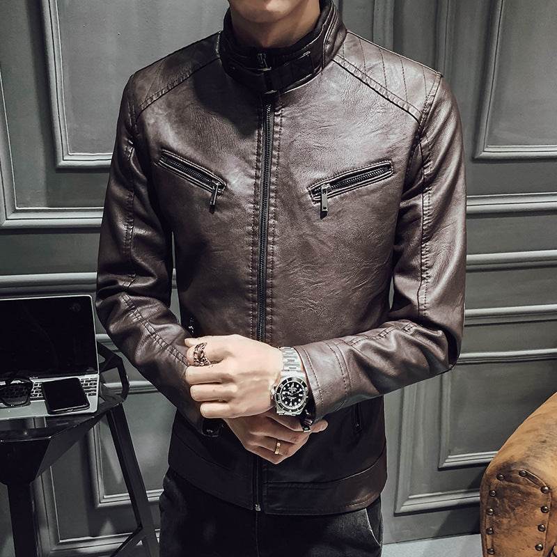 Leather jacket men's leather zipper cardigan men's jacket - Mubimart