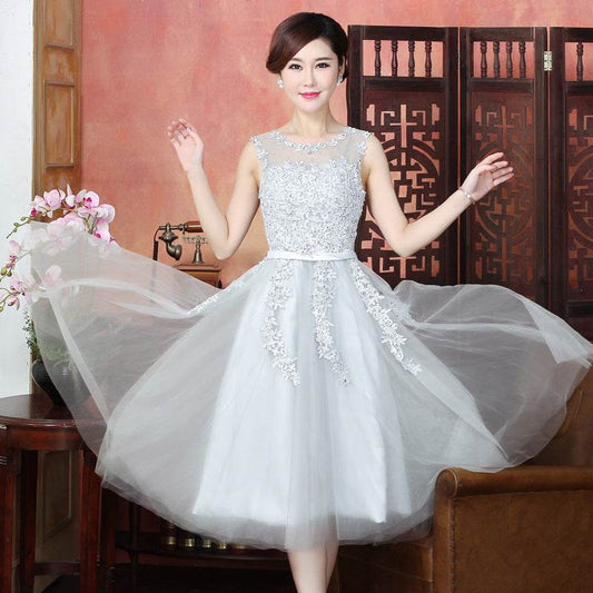 new mid-length pink evening dress banquet double shoulder graduation dress - Mubimart