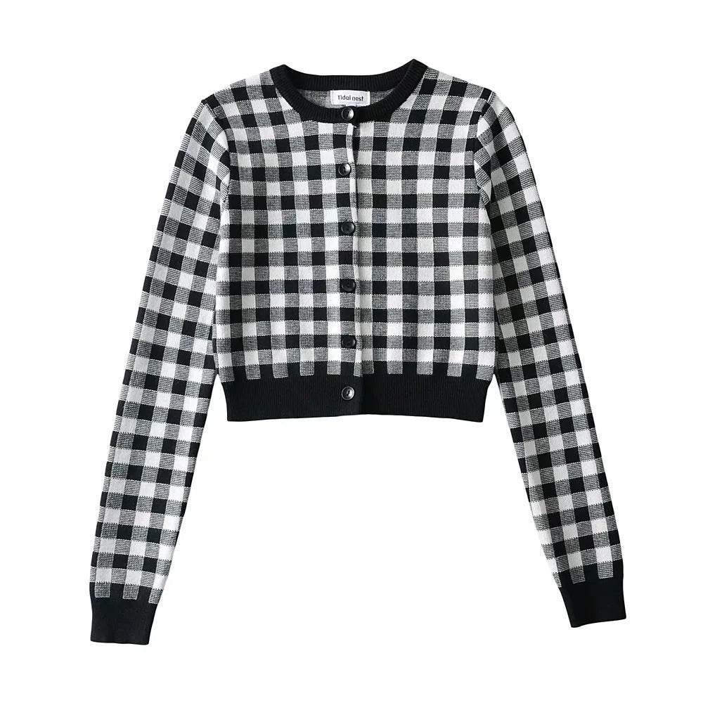 Women Crew Neck Plaid Knit Cardigan Crop Top - Mubimart