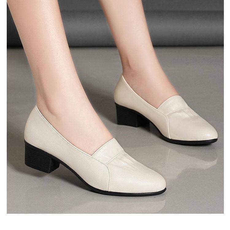 Women's Non-slip Soft Sole Thick Heel Comfortable Casual Work Leather Shoes - Mubimart