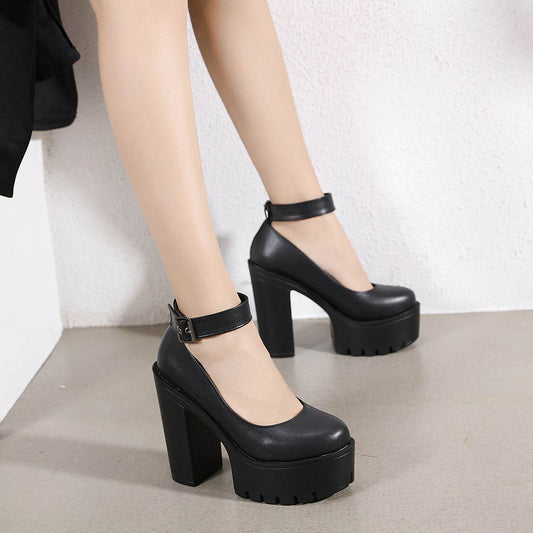 Black Platform Belt Buckle Chunky High Heels - Mubimart