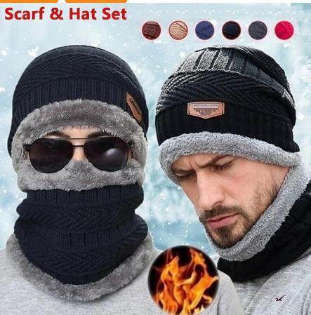 Winter Beanie Hat Scarf Set Warm Knit Hat Thick Fleece Lined Winter Hat Neck Warmer For Men Women - Mubimart