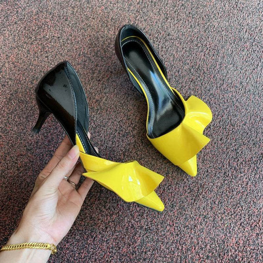Patent Leather Ruffled Stiletto Pointed Pumps - Mubimart