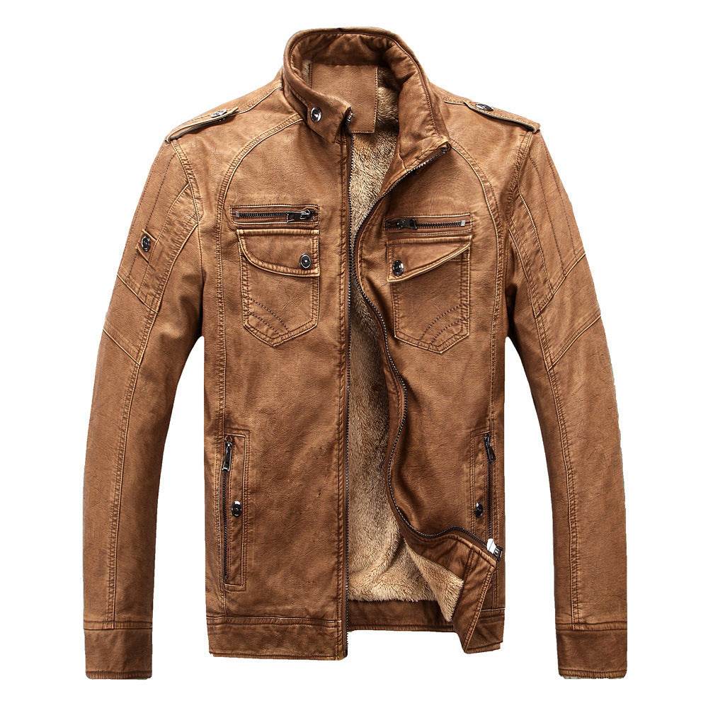 Leather Jacket Plus Velvet Washed Retro Leather Jacket - Mubimart
