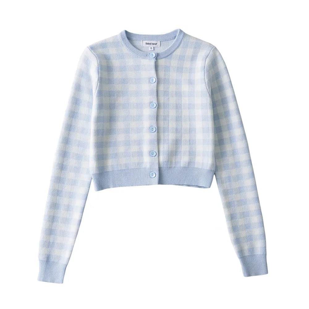 Women Crew Neck Plaid Knit Cardigan Crop Top - Mubimart