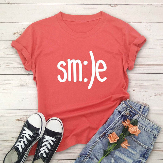 S-5XL Plus Size TShirt Women New Smile Letter Printed Shirt O Neck Short Sleeve Tees Summer Top 100%cotton Women's T-shirts - Mubimart
