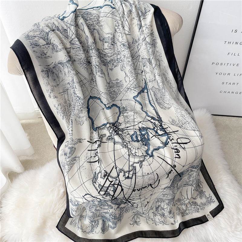 New Cotton And Linen Scarf National Style Long Large Size Shawl Thin Autumn And Winter Scarf Women's Simple Line Map Pattern - Mubimart
