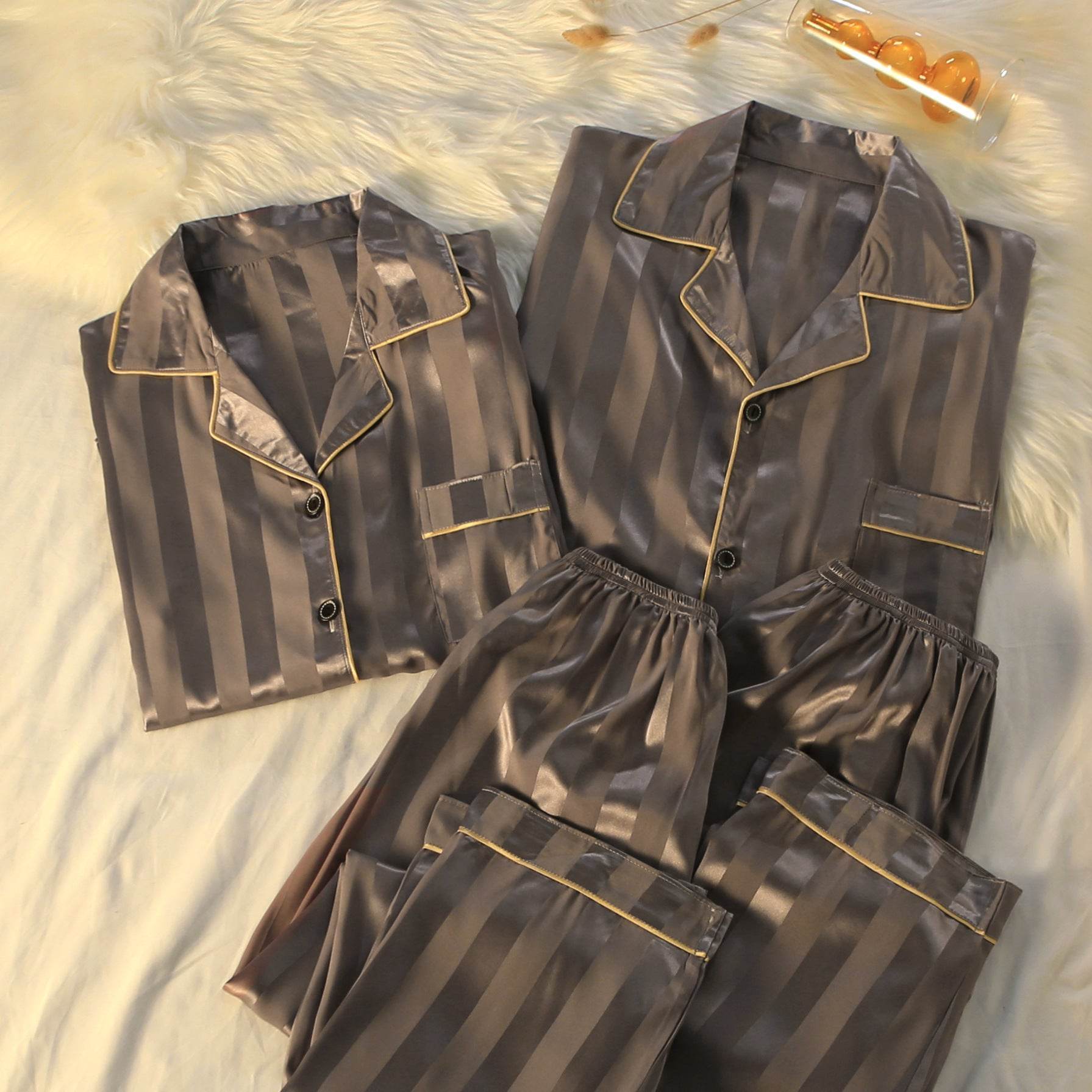 Striped Luxury New Plus Size Silk Loungewear - Mubimart