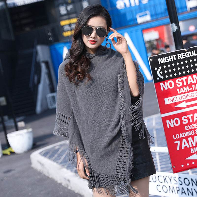 Solid Color Hollow Tassel Plus Size Cape And Shawl - Mubimart
