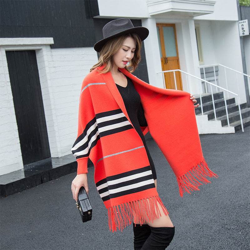 Striped fringe shawl - Mubimart