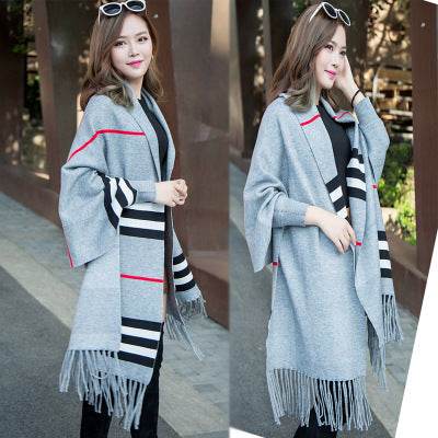 Striped fringe shawl - Mubimart