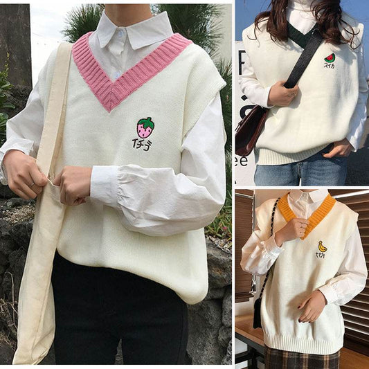 Fruit Japanese embroidery sweater vest - Mubimart