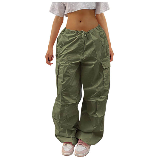 Casual Cargo Pants For Women Solid Color Drawstring Pocket Design Fashion Street Trousers Girls - Mubimart