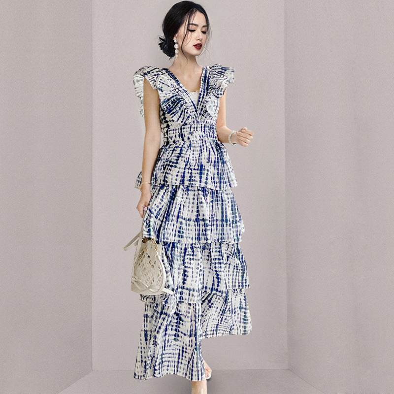 Summer Socialite Elegant V-neck High Waist Heavy Work Tie-dyed Waist Slim Mid-length Cake Dress - Mubimart