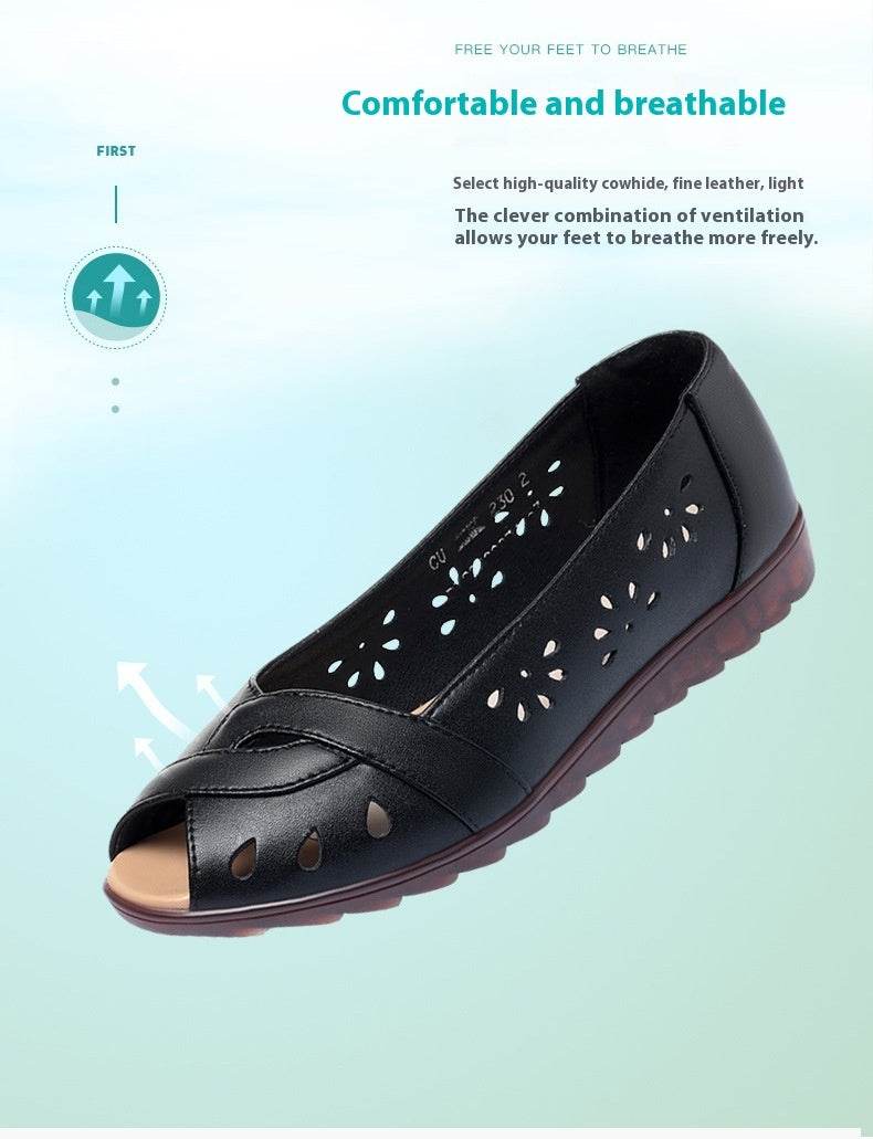 Peep Toe Sandals Women's Flat Bottom Comfort Leather Soft Bottom - Mubimart