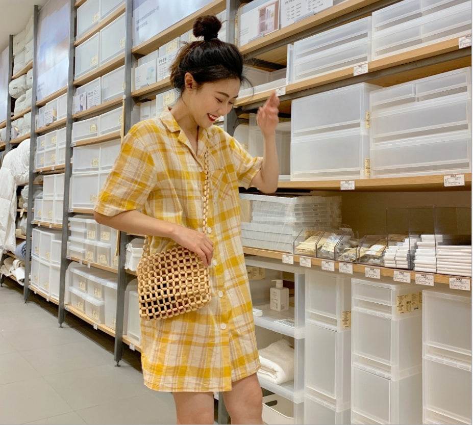 Retro Plaid Shirt Dress - Mubimart