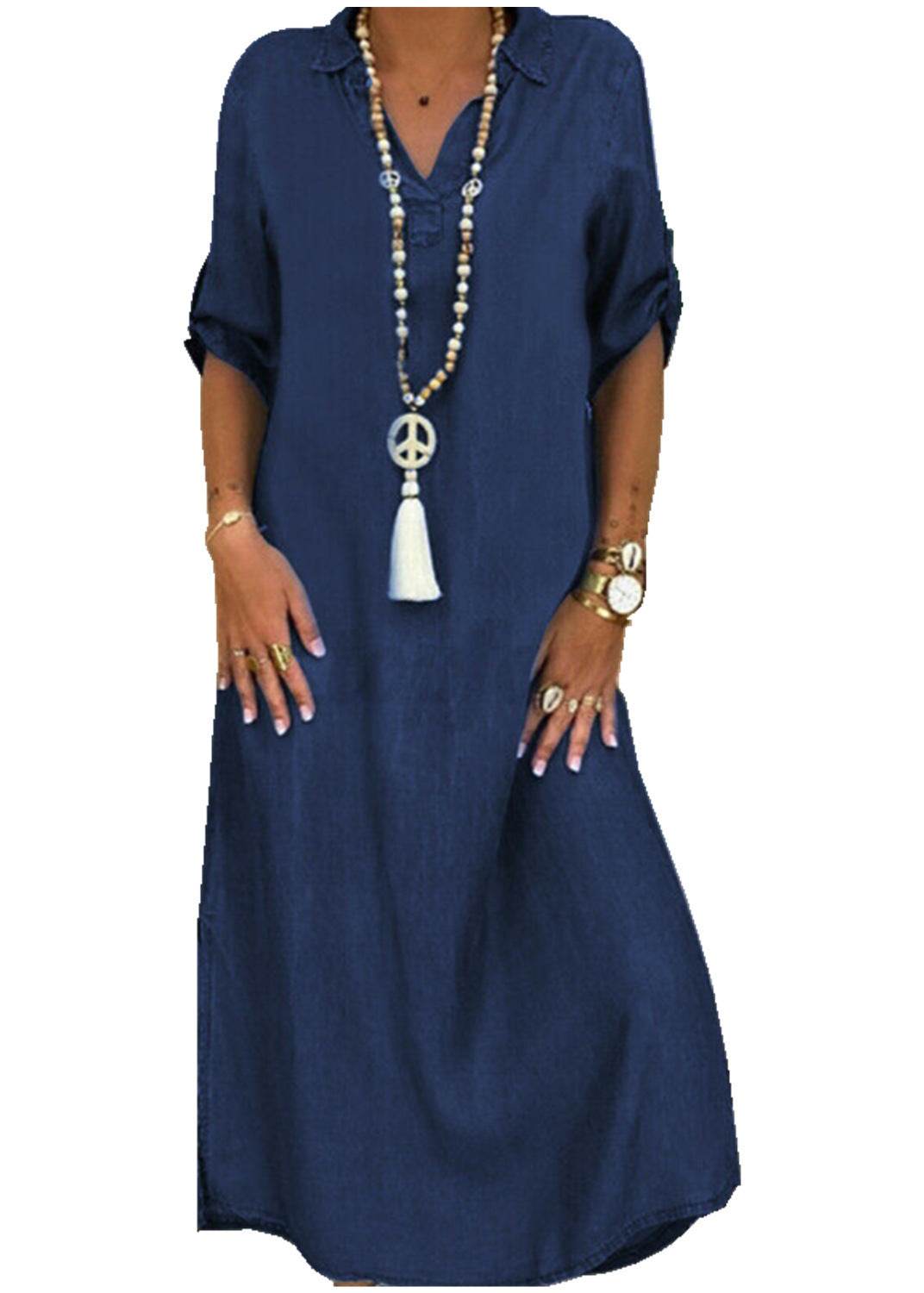 Solid Color Plus Size Dress With V-neck Denim Dress - Mubimart