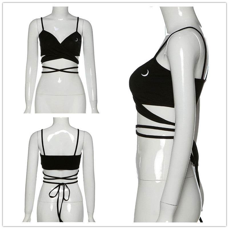 Moon Print Cross Strap Suspender Vest Short Style Crop Top For Women - Mubimart