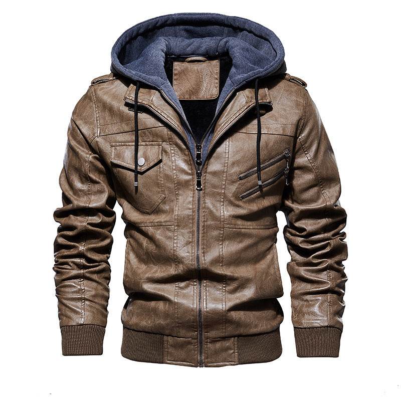 Men's Leather Jacket Men's PU Leather Hooded Leather Jacket - Mubimart