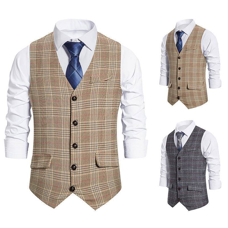 Men's Plaid Single Breasted Vest Style Suit - Mubimart
