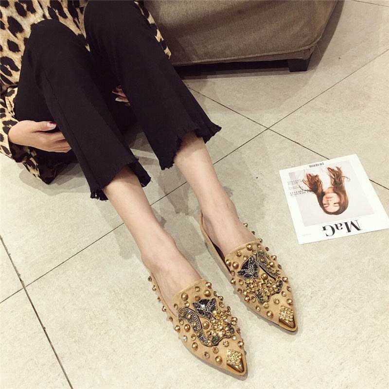 Women's Rhinestone Pointed Toe Rivet Flat Shoes - Mubimart