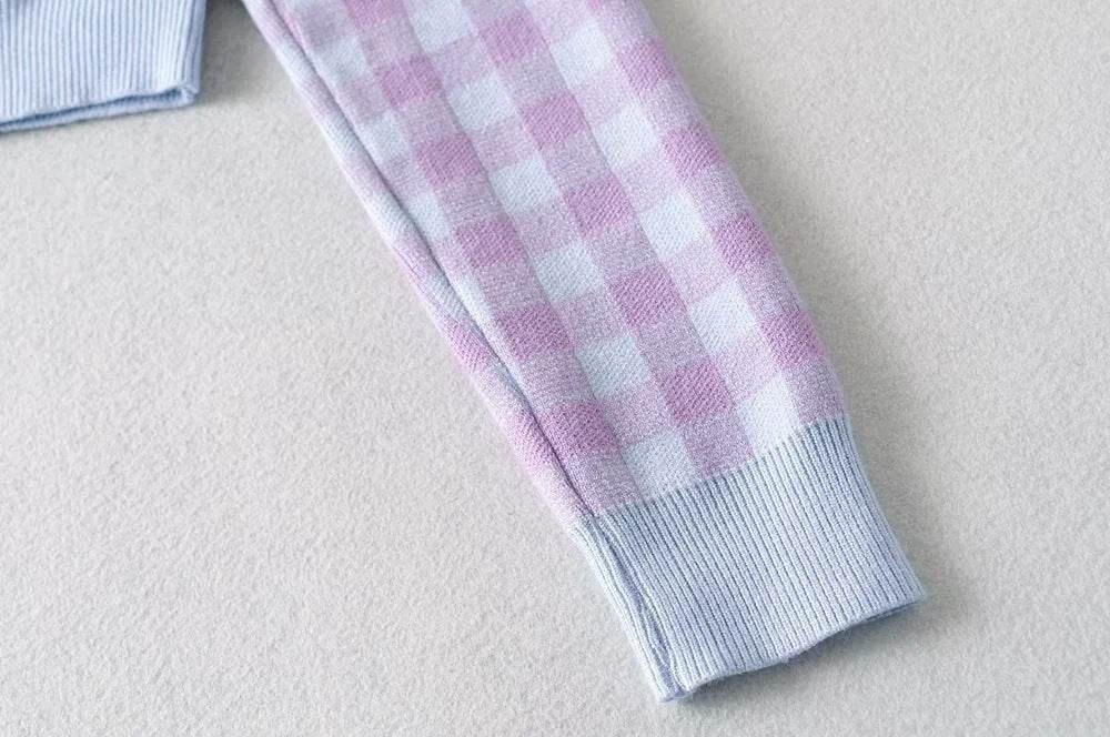 Women Crew Neck Plaid Knit Cardigan Crop Top - Mubimart