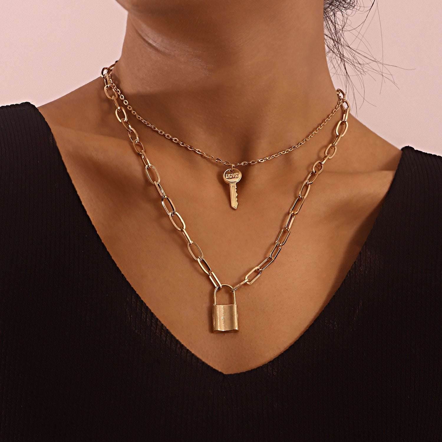 Chain Padlock Key Pendant Necklace Women - Mubimart