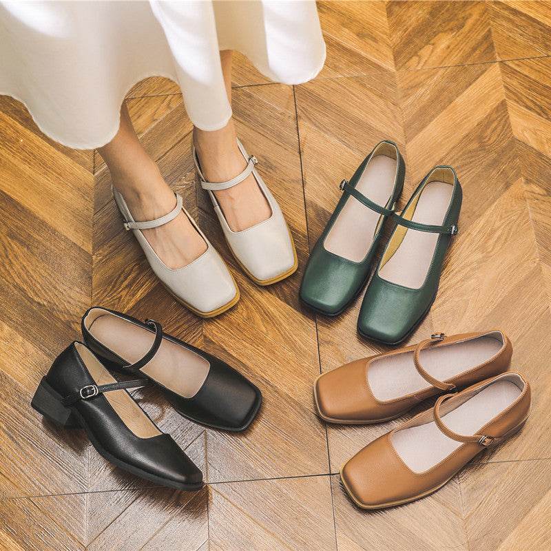 Women's Vintage Mary Jane Leather Square Toe Shoes - Mubimart