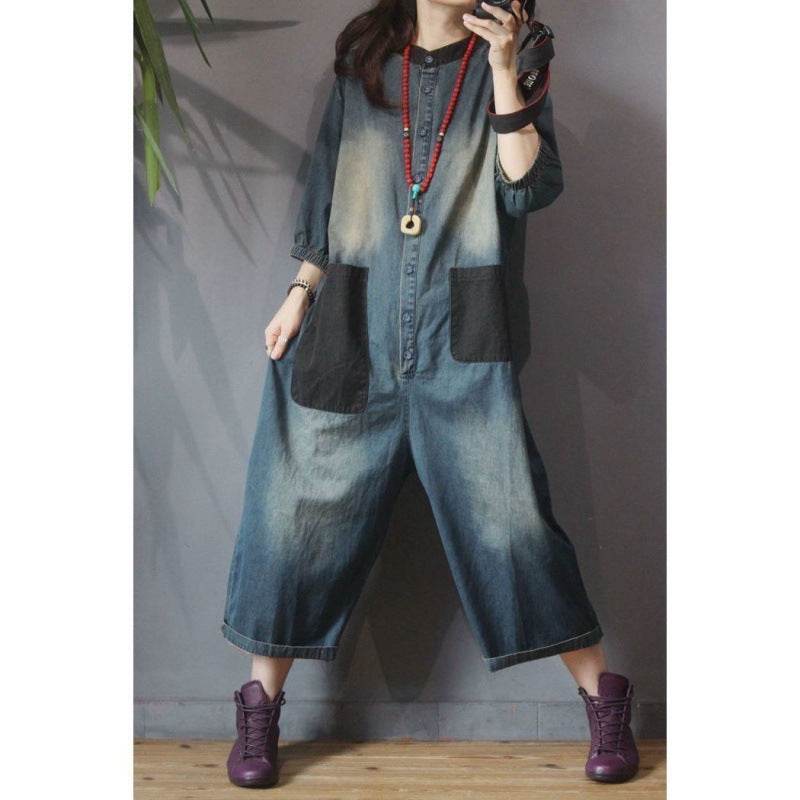 Retro Personality Plus Size Patch Large Pocket Jumpsuit - Mubimart