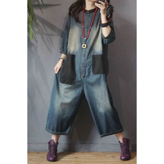 Retro Personality Plus Size Patch Large Pocket Jumpsuit - Mubimart
