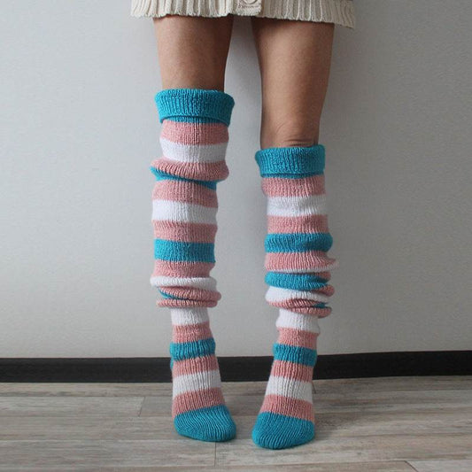 Fashion Y2K Striped Long Knee-high Knitted Pile Of Socks For Women - Mubimart