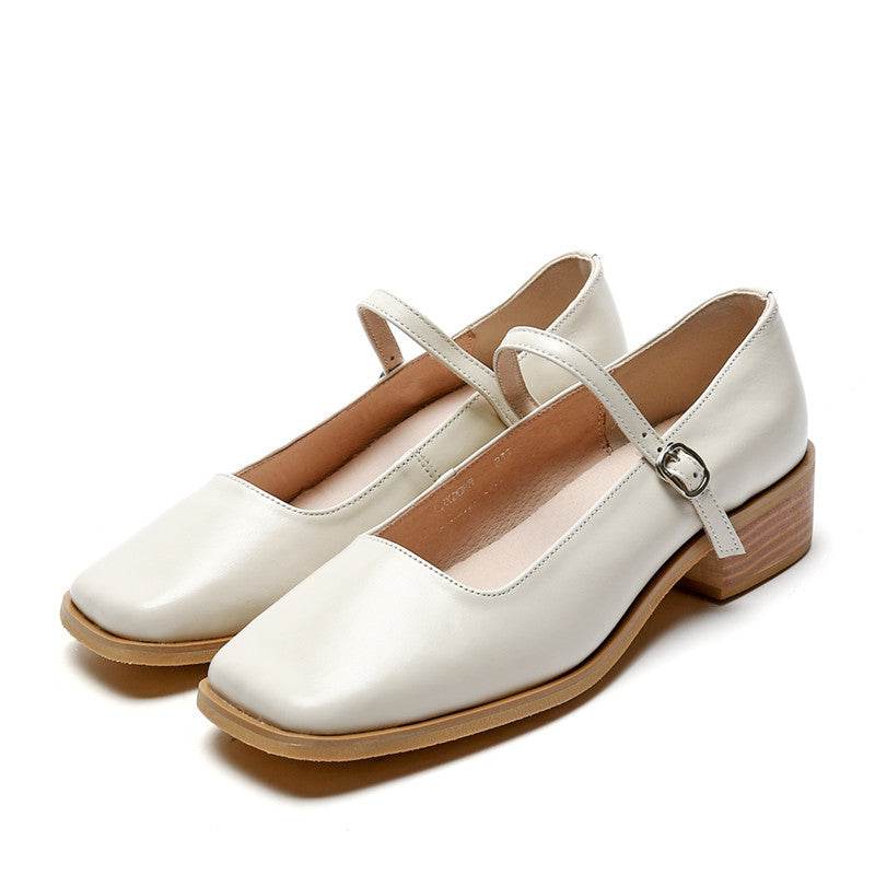 Women's Vintage Mary Jane Leather Square Toe Shoes - Mubimart