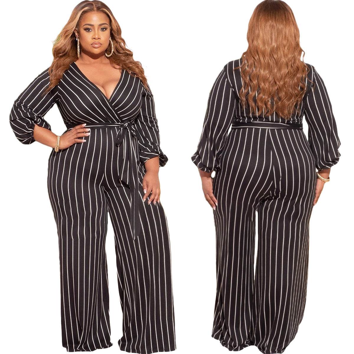 Women's Placement Print Striped Plus Size V-Neck Jumpsuit - Mubimart