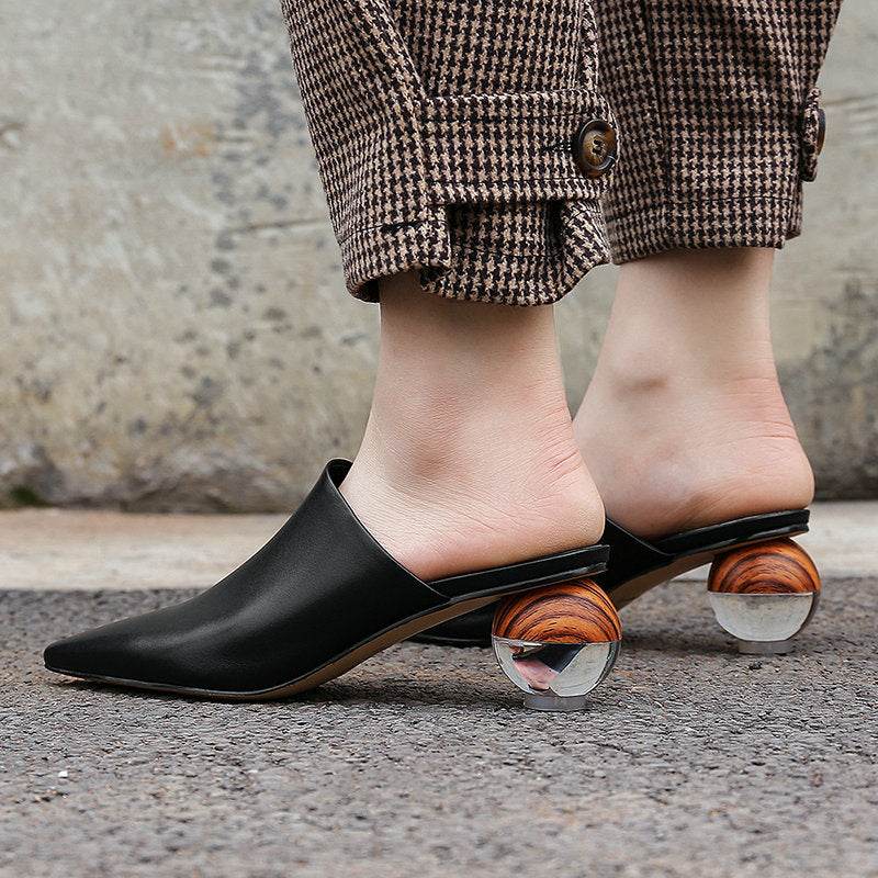Simple Closed Toe Sandals Pointed-toe Mules Shoes Crystal Thick Heel - Mubimart