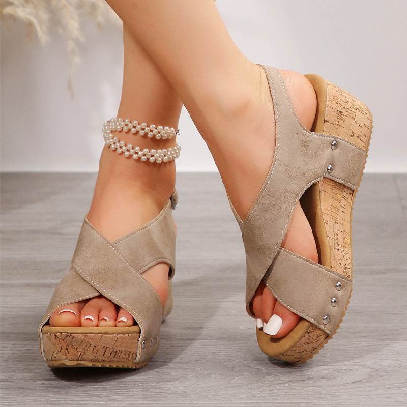 Women's Rivet Wedges Snadals Thick Bottom Fish Mouth Shoes Summer - Mubimart