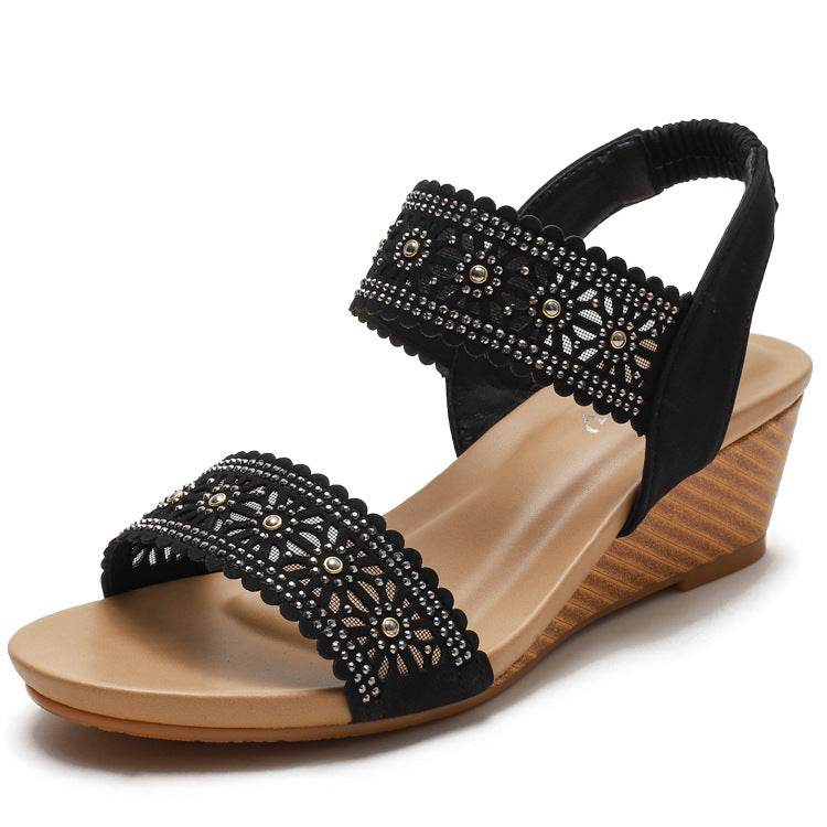Flower Hollow Out Sandals With Rhinestones Wedges Shoes Women - Mubimart
