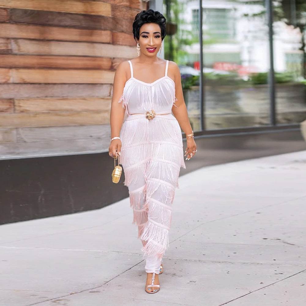 Plus Size Suspenders Women's Fringed Jumpsuit - Mubimart