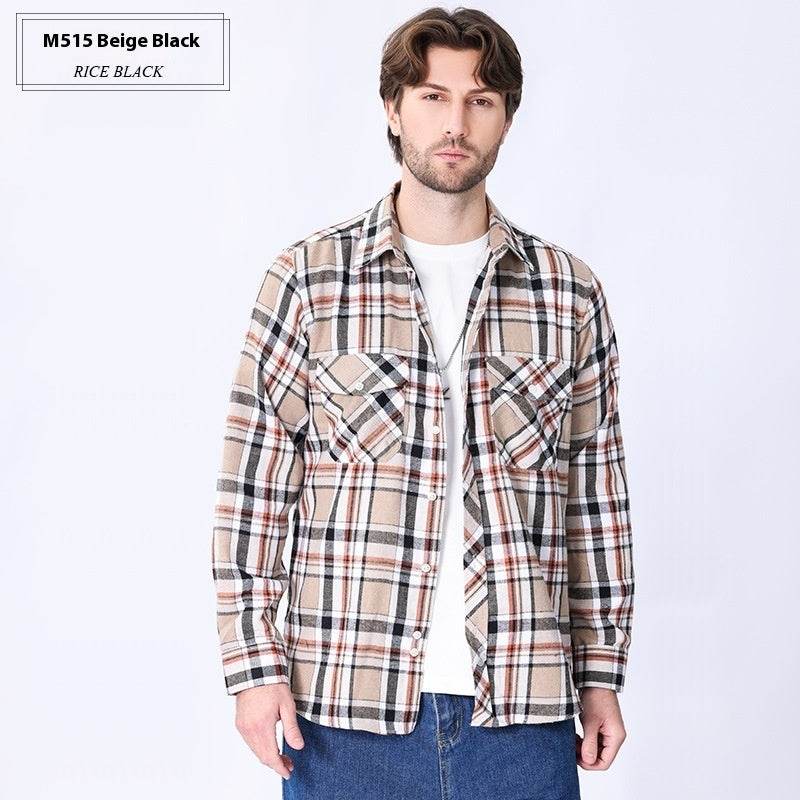 Vintage Flannel Men's Long Sleeve Brushed Plaid Shirt Coat - Mubimart