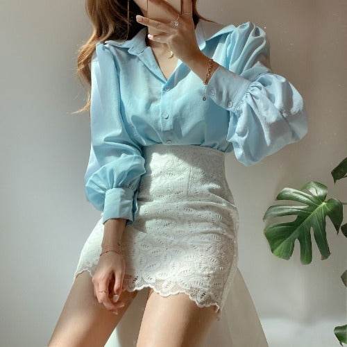Lapel Single-breasted Loose Casual Lantern Sleeve Shirt Blouse Women - Mubimart