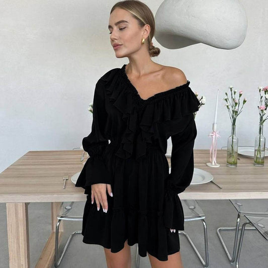 Fashion V Neck Pleated Ruffle Long Sleeve Dress Y2K V Neck Flared Sleeve Short Dress Women's Clothing - Mubimart