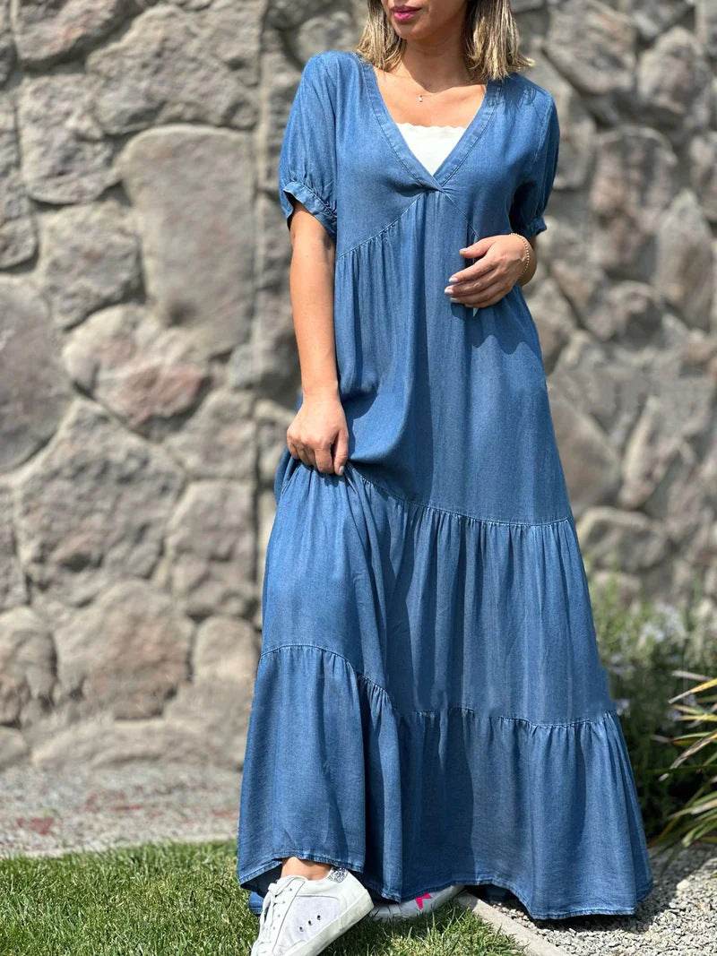 European And American Plus Size Women's Clothes Faux Denim Solid Color And V-neck Long Dress - Mubimart
