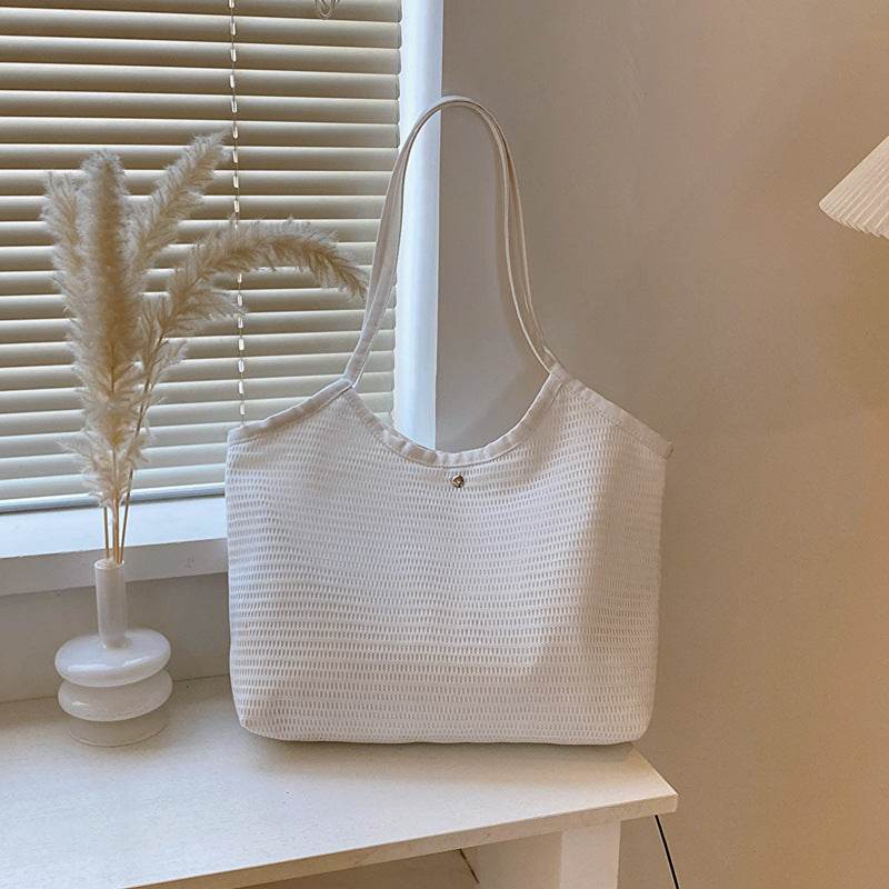 Women Mesh Tote Bag Solid Color Designer Ladies Casual Handbag Shoulder Bag Large Capacity Reusable Shopping Beach Bag - Mubimart