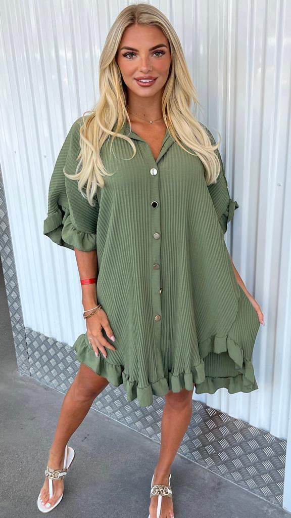 Summer Solid Color Shirt Dress Ruffle Sleeve Irregular Shirt Dress - Mubimart