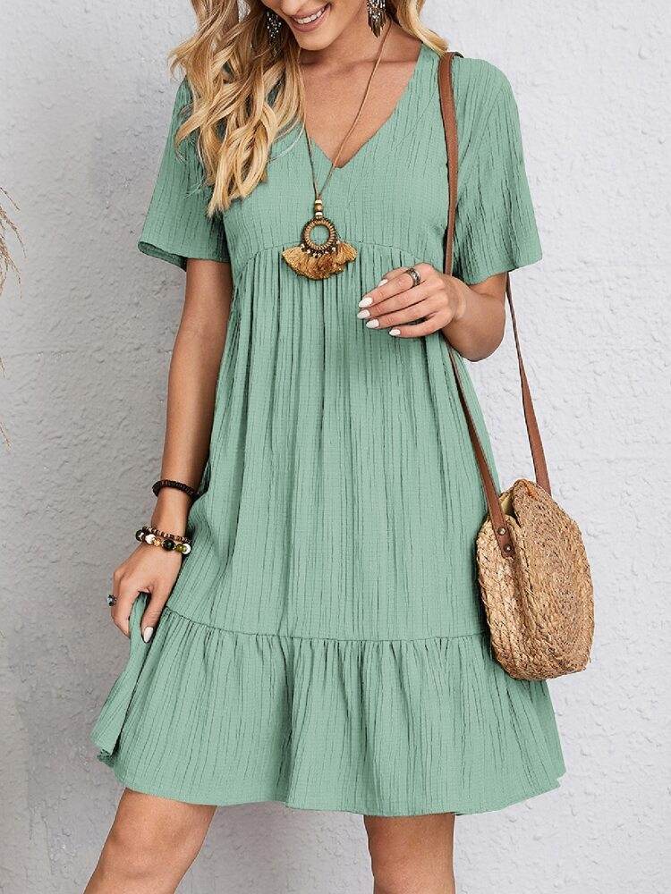 Summer V-neck Dresses Women's Loose Casual Short-sleeved Corset Dress - Mubimart