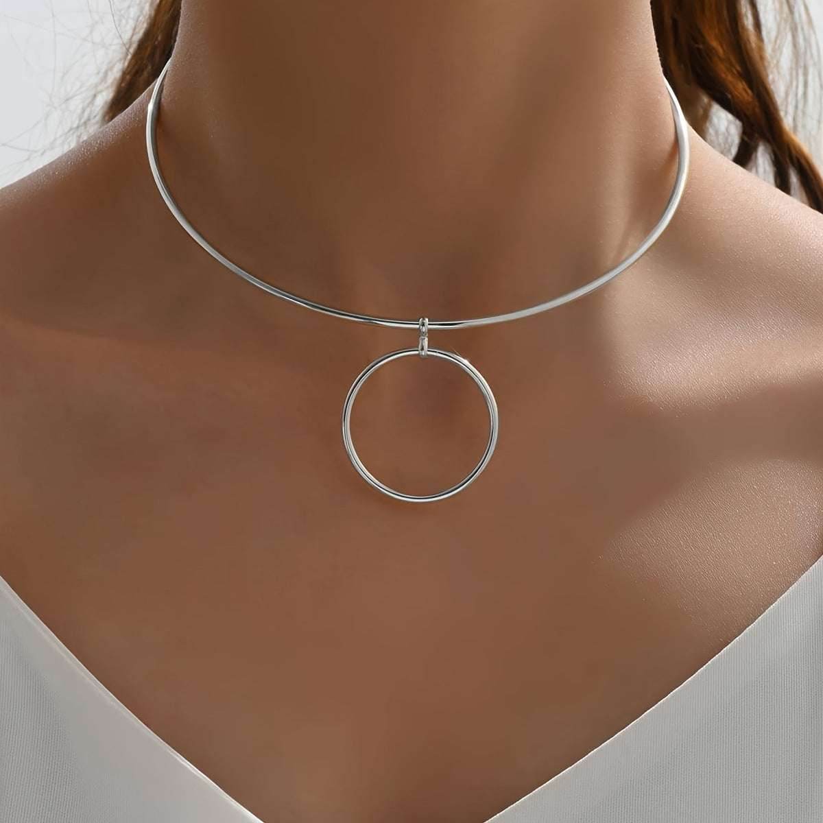 Women Collar Choker Necklace Big Circle Geometric Metal Pendants Torques Statement Necklaces - Mubimart